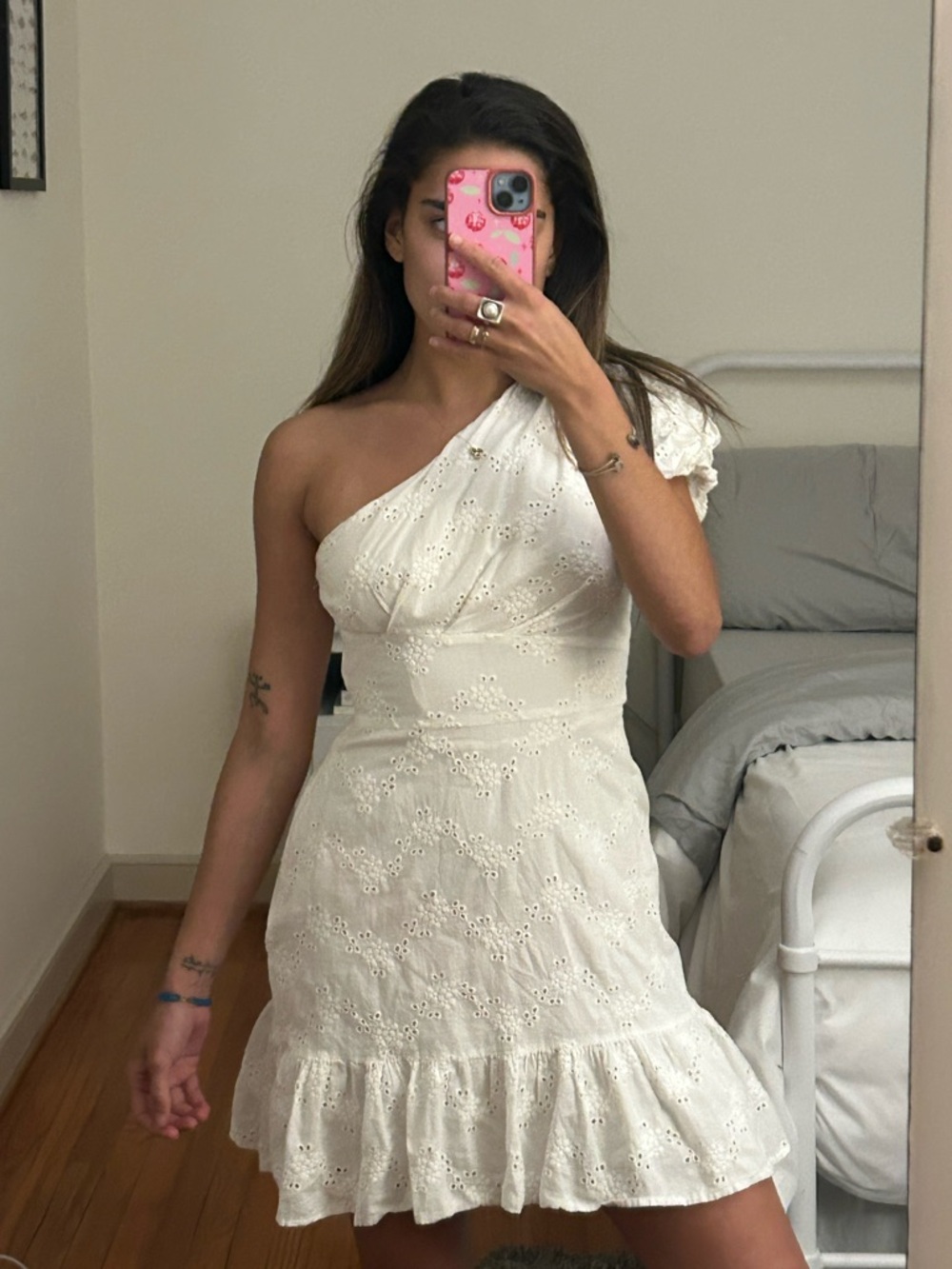 Urban Outfitters White One-Shoulder Eyelet Mini Dress